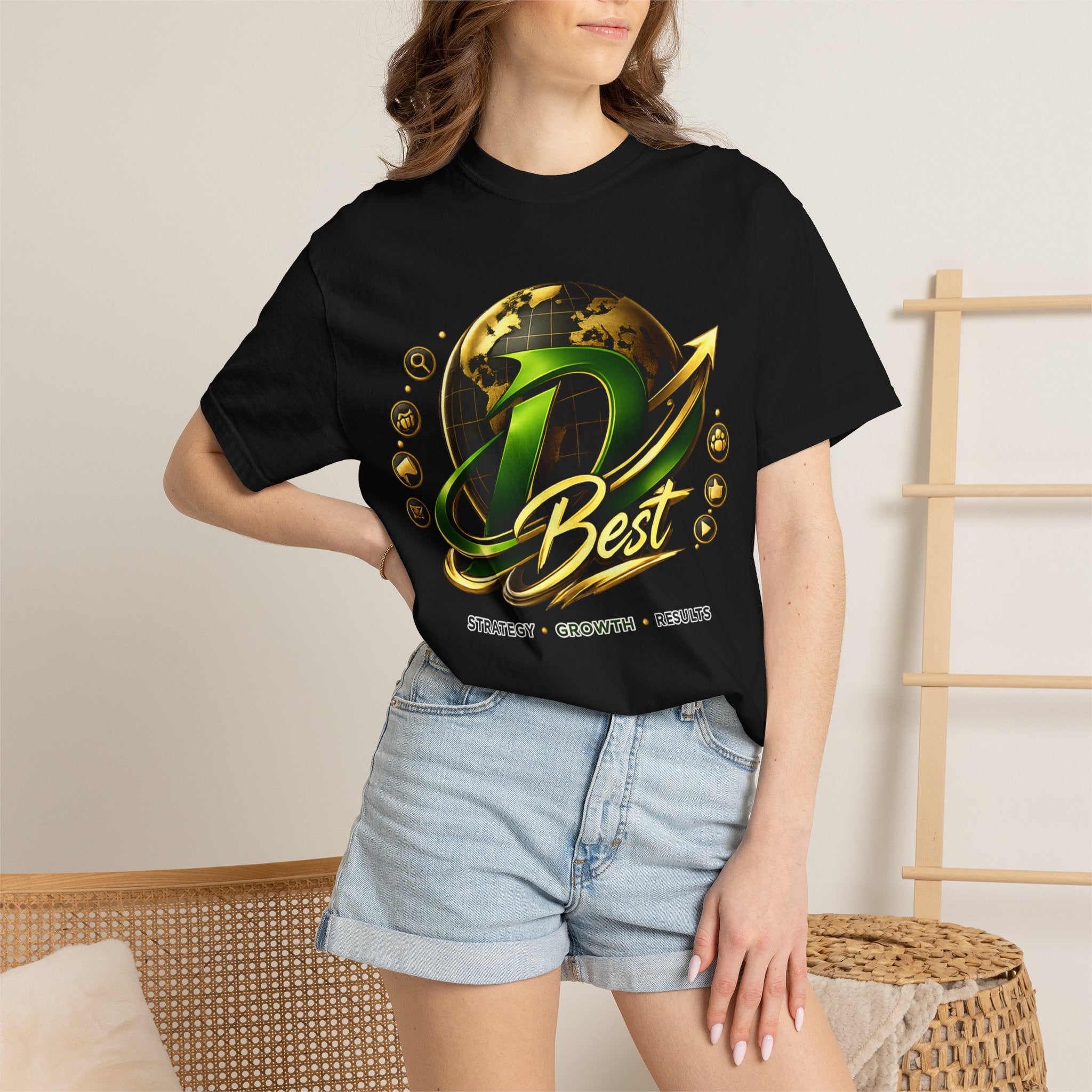 D Best Globe Arrow logo T-shirt | Strategy Growth Results tee