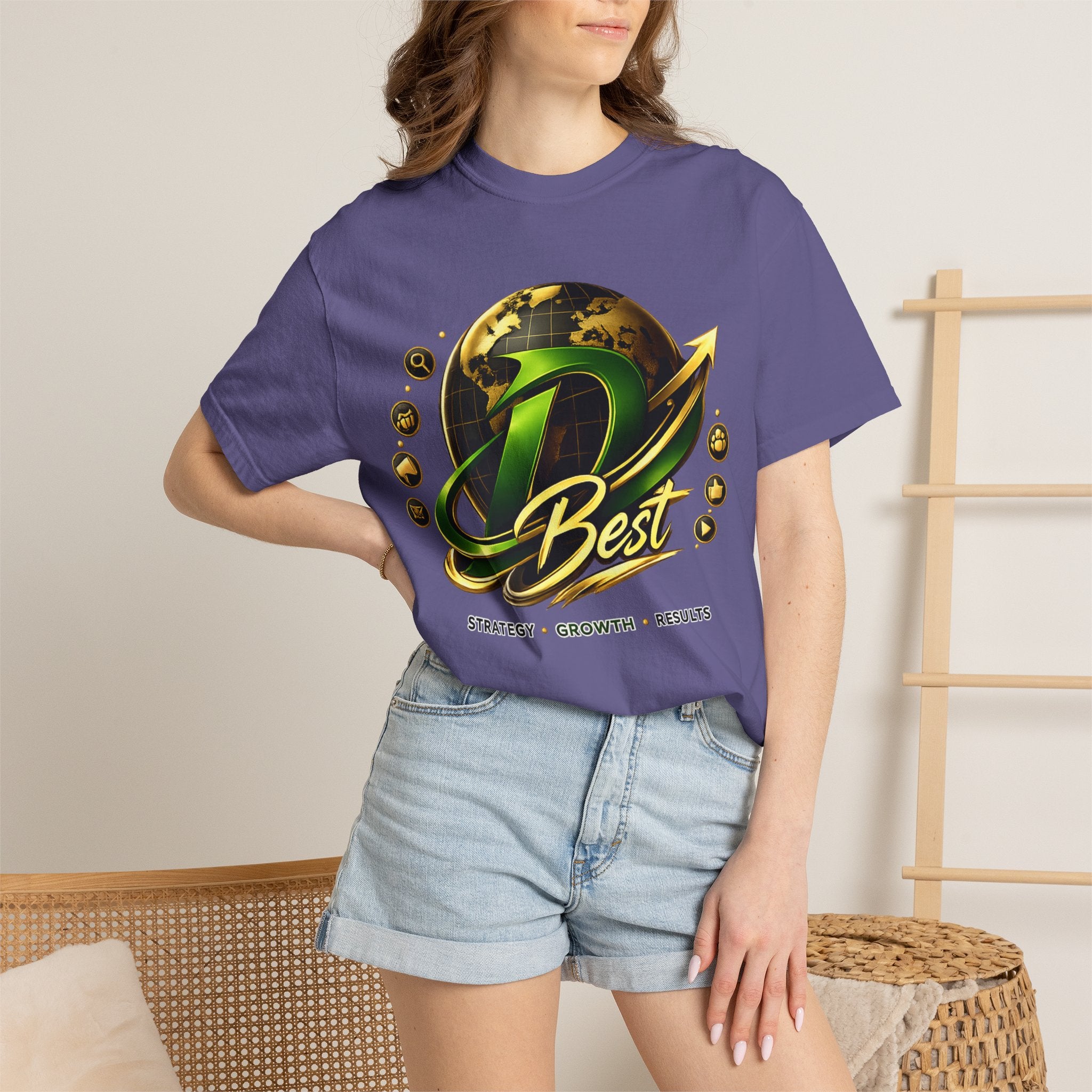 D Best Globe Arrow logo T-shirt | Strategy Growth Results tee