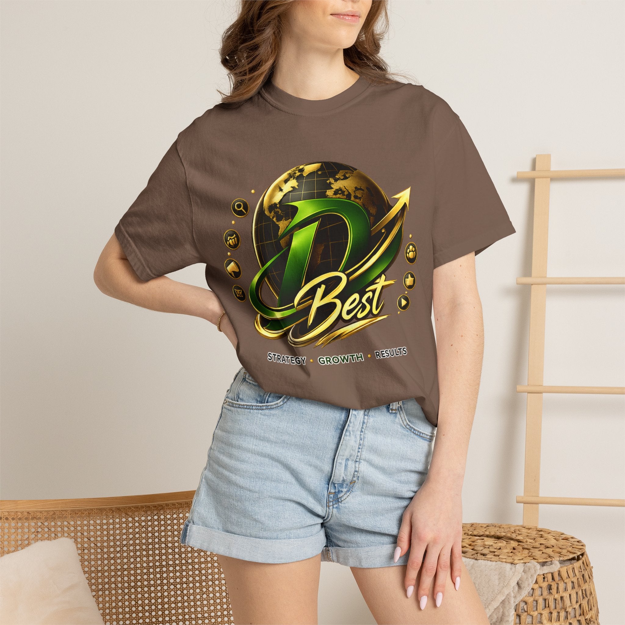 D Best Globe Arrow logo T-shirt | Strategy Growth Results tee