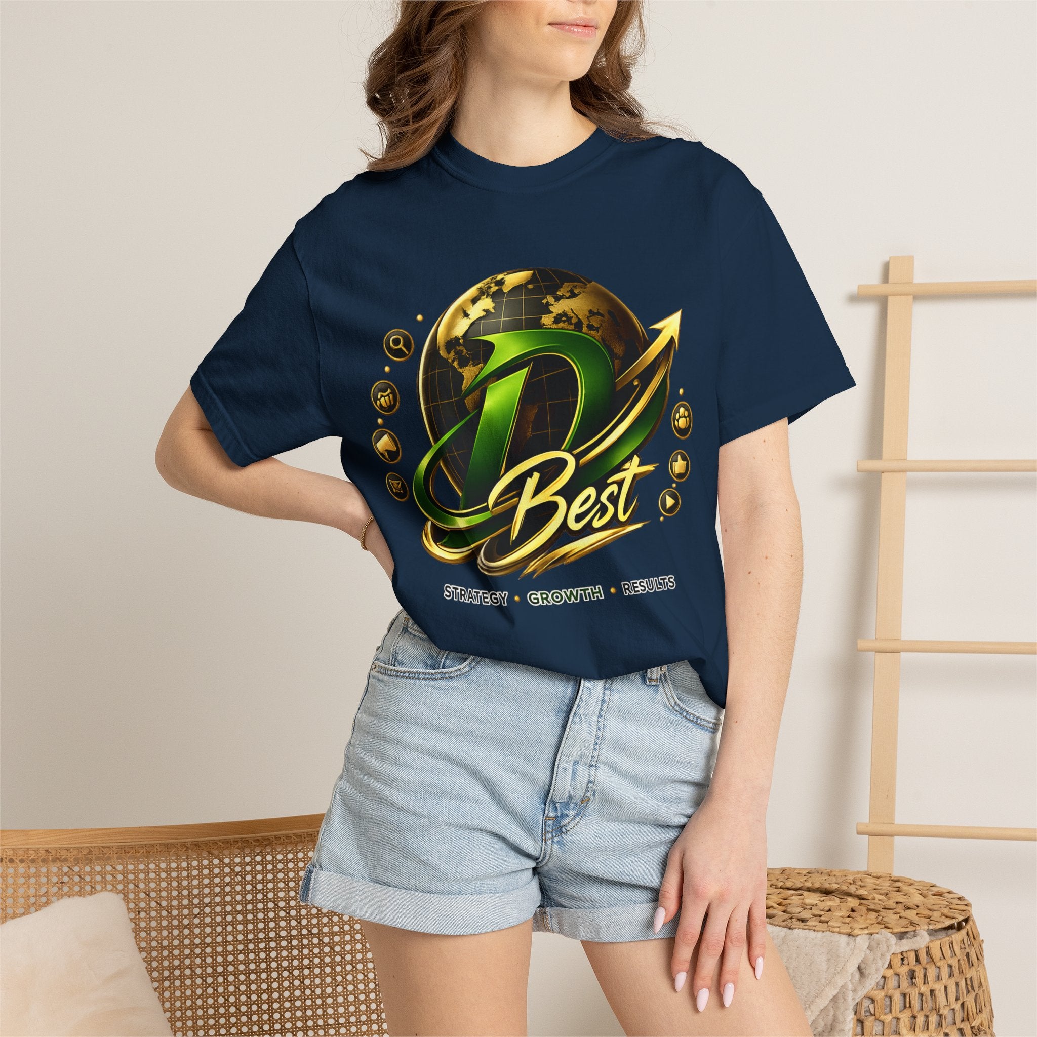 D Best Globe Arrow logo T-shirt | Strategy Growth Results tee
